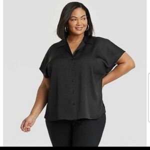 Ava & Viv Women's Satin Short Sleeve Button-Front Shirt Black